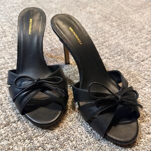 Bruno Magli Black Leather Bow Mule Heels